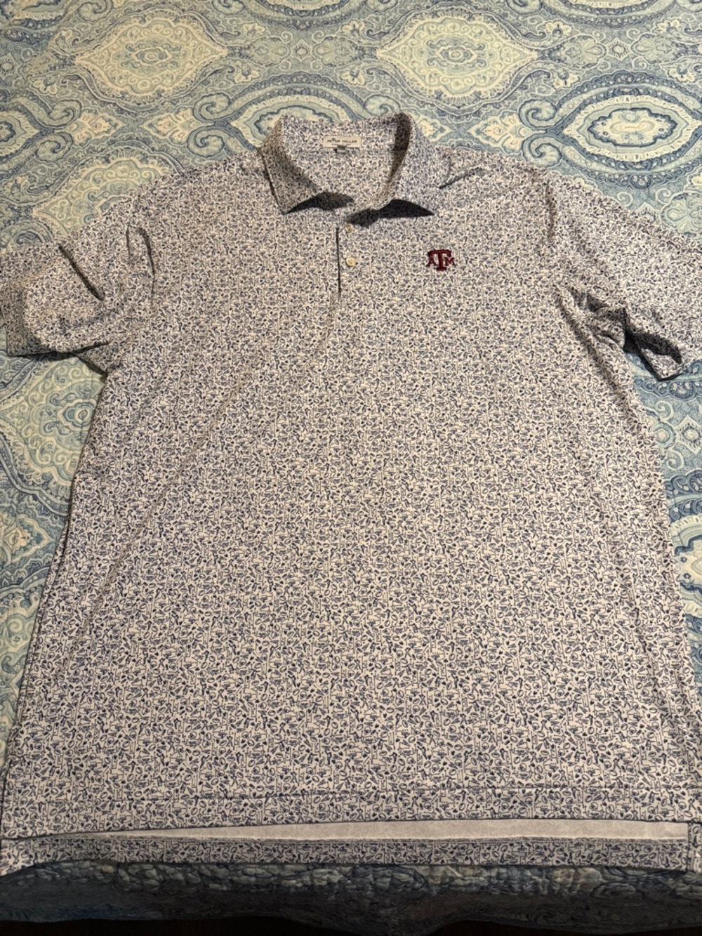 EUC Peter Millar white polo with Blue Micro-Pattern Maroon Texas A&M Logo XL